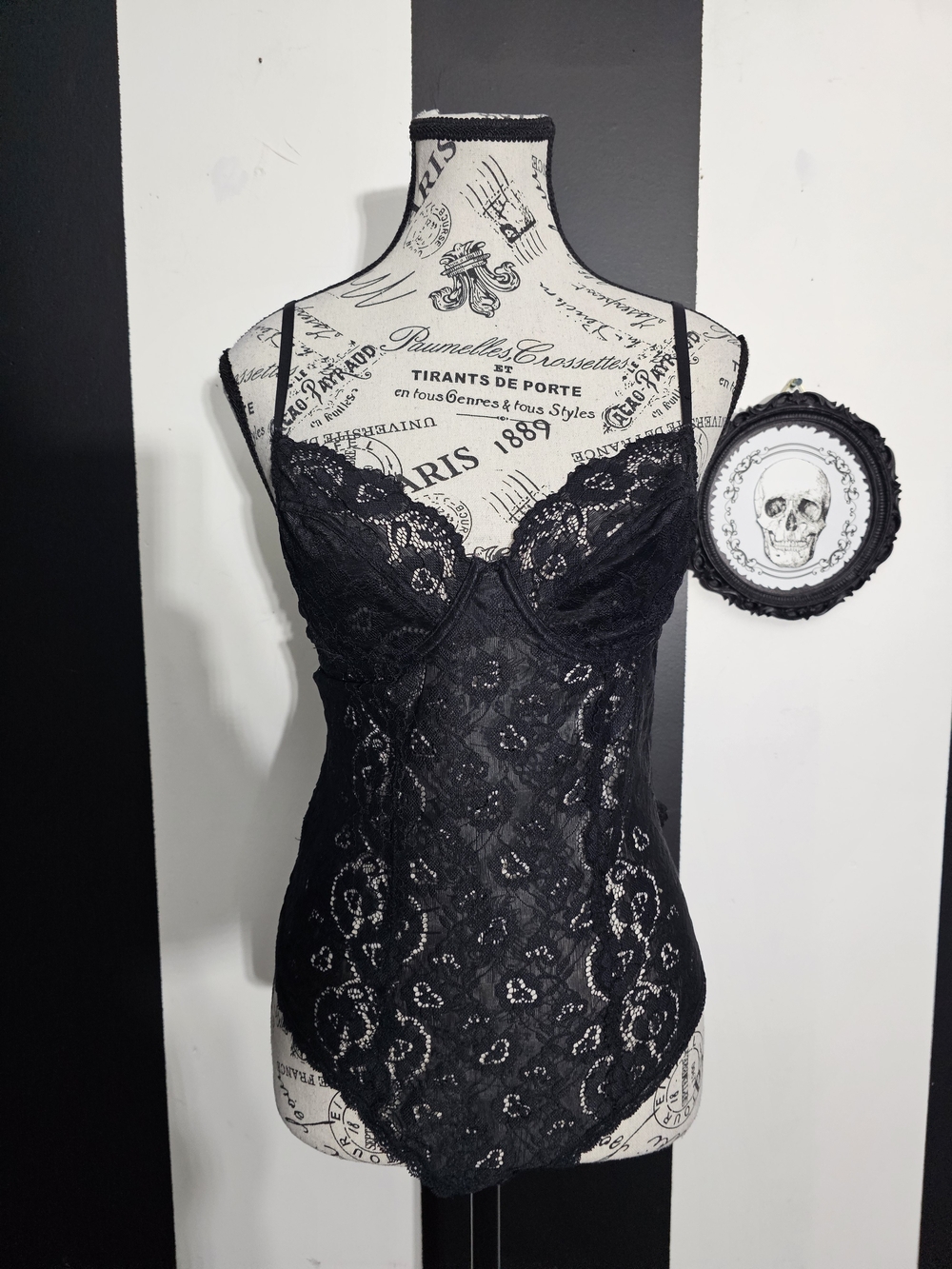 Vintage Black Lace Chemise Bodysuit - Sheer Floral Camisole